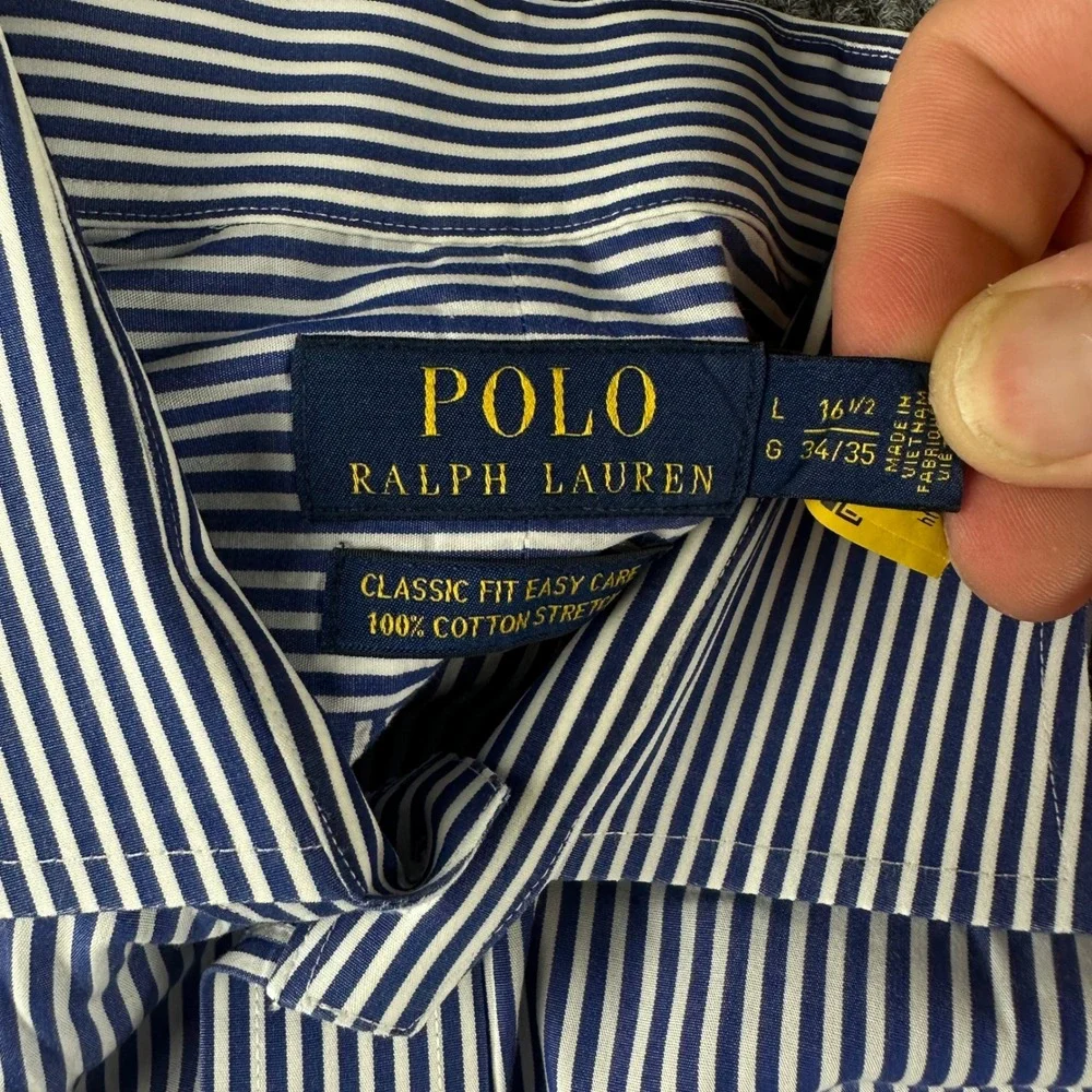 Polo Ralph Lauren Mens Classic Fit Easy Care Striped Dress Shirt Blue White L